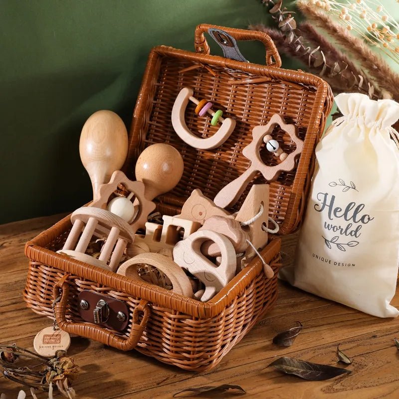 Baby Wooden Rattle Beech Bear Hand Teething Wooden Ring Rattles Play Gym Montessori Stroller Toy Set Baby Birth Vintage Box Gift - Bébé et allaitement