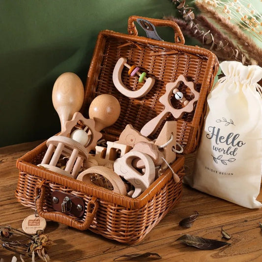 Baby Wooden Rattle Beech Bear Hand Teething Wooden Ring Rattles Play Gym Montessori Stroller Toy Set Baby Birth Vintage Box Gift - Bébé et allaitement