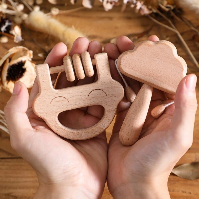 Baby Wooden Rattle Beech Bear Hand Teething Wooden Ring Rattles Play Gym Montessori Stroller Toy Set Baby Birth Vintage Box Gift - Bébé et allaitement